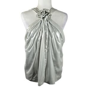 MS J.Crew Collection Rosette Halter Top in Silver Lamé Women Size L NWT Metallic